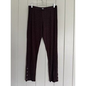 Lilith Pants M/L Stretch Knit Button Hem Pull-On Chocolate Brown Metallic